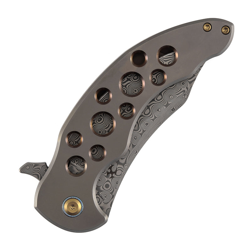 KANSEPT Gilgamesh Flipper Bronze Anodized Titanium with Holes Handle ( 3.75" Damascus Blade) Andreas Goltz Designed- K1128A5