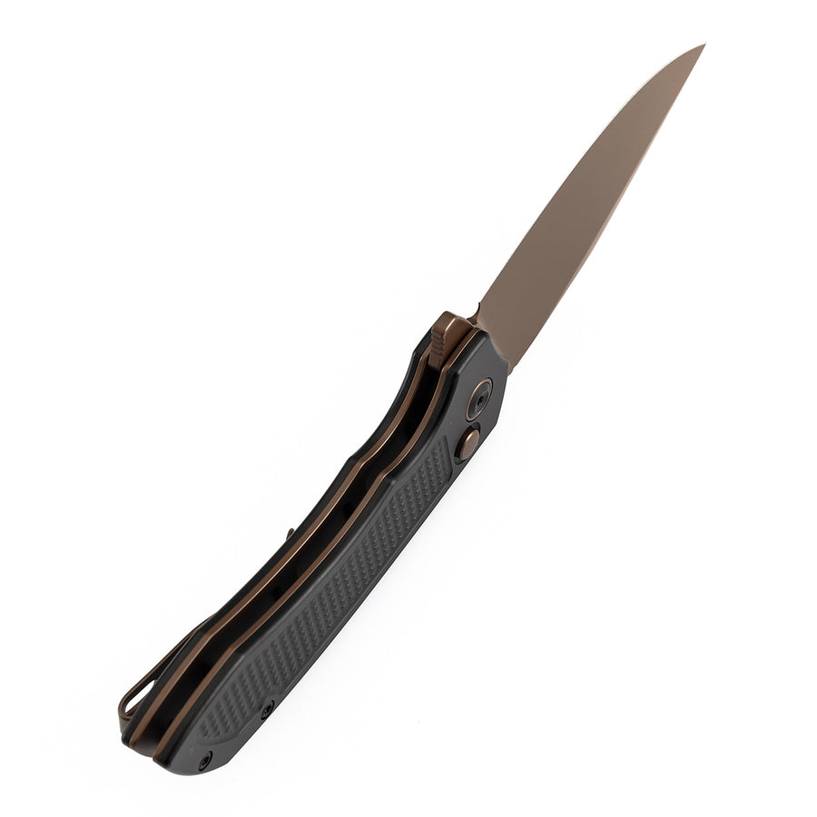 TENABLE KNIVES Entity Button Lock Folding Knife - 3.52'' Rose Gold 14C28N Blade| Black Aluminum Handle| Nalu Knives - B1036F1