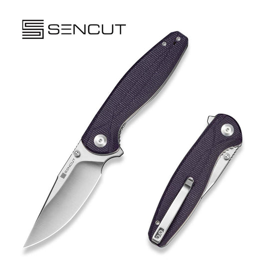 SENCUT Vyrce Flipper & Thumb Stud Knife Purple Canvas Micarta Handle (3.49" Satin Finished D2 Blade) S25104-3
