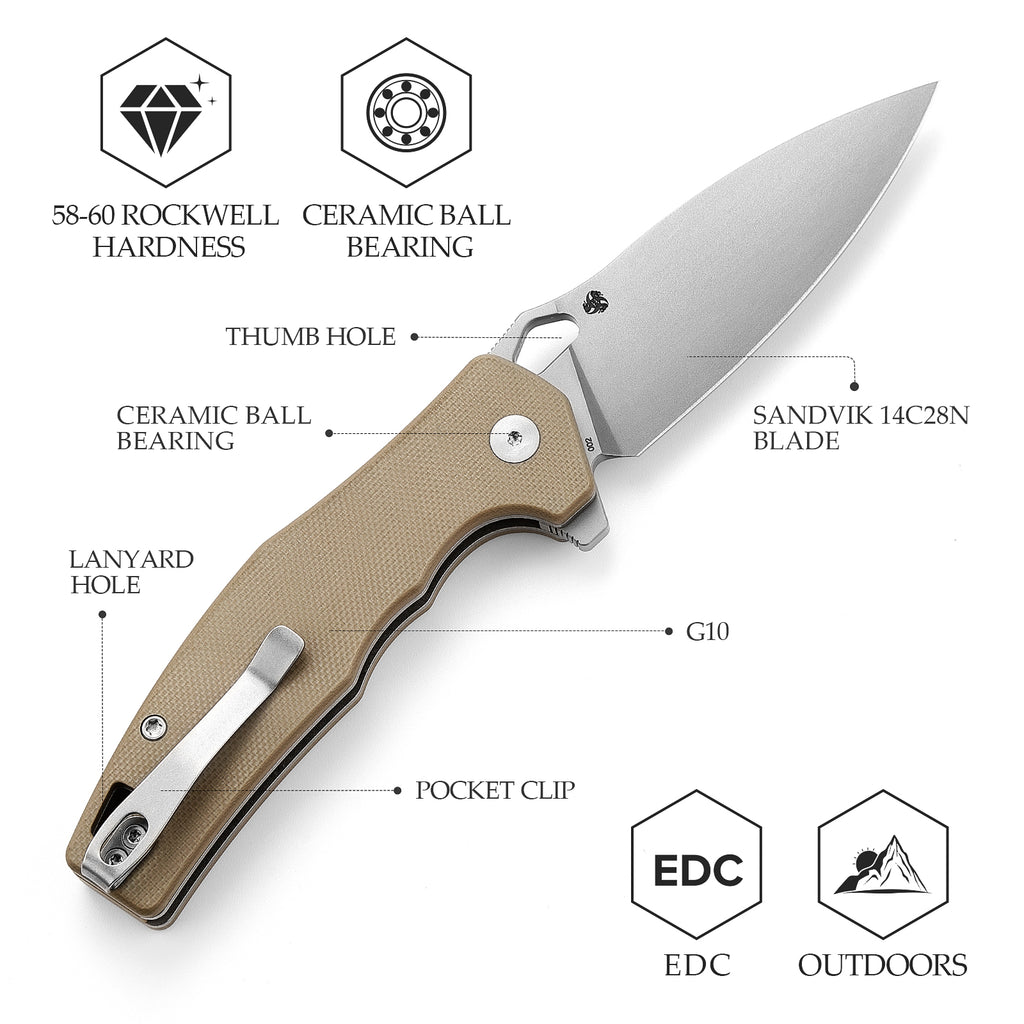 TRIVISA Corvus-03N,Button Lock Pocket Folding Knfe,3.16'' 14C28N Steel blade,G10 Handle,Hydra Design