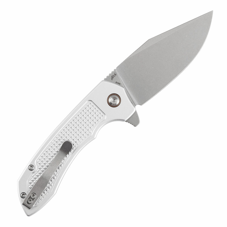TENABLE KNIVES Entity Button Lock Folding Knife - 3.52'' Stonewashed 14C28N Blade| Silver Aluminum Handle| Nalu Knives - B1036F3