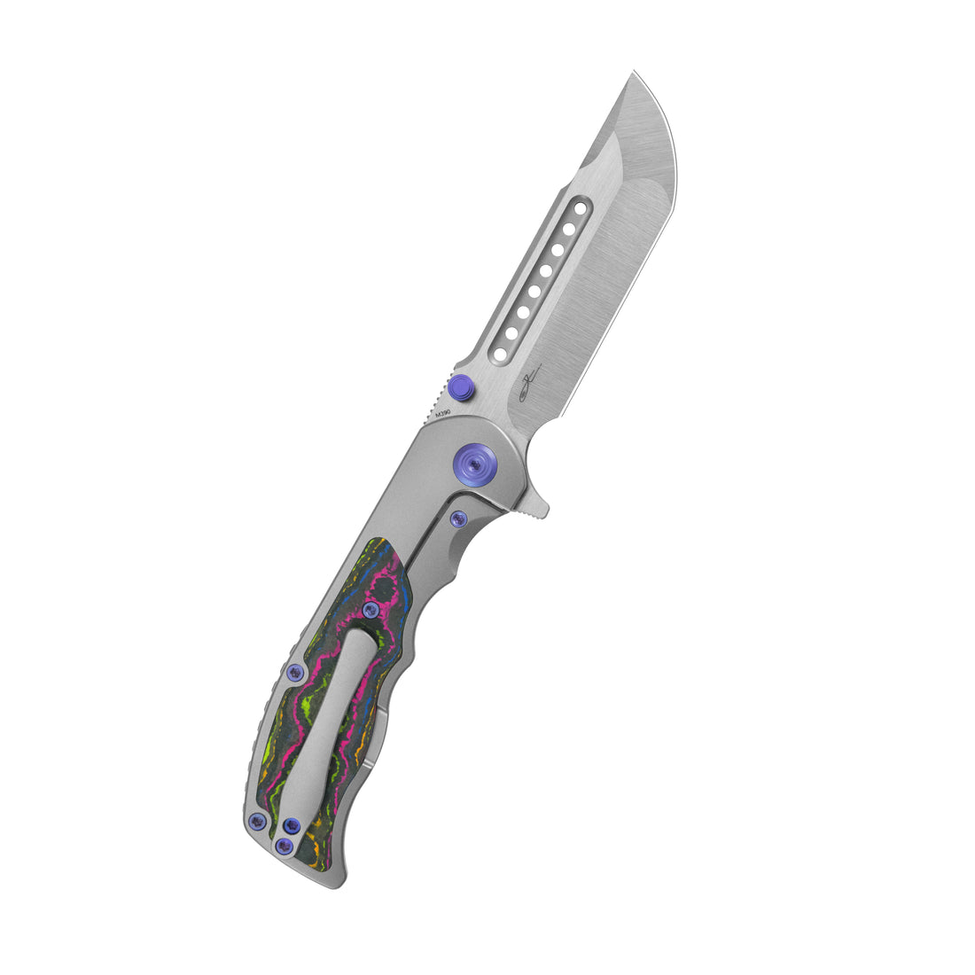 KB Predator Folding Knife Sandblasting Titanium with 80's Camo Carbon inlay Handle 3.46'' Belt Satin Bohler M390 Blade KB436A