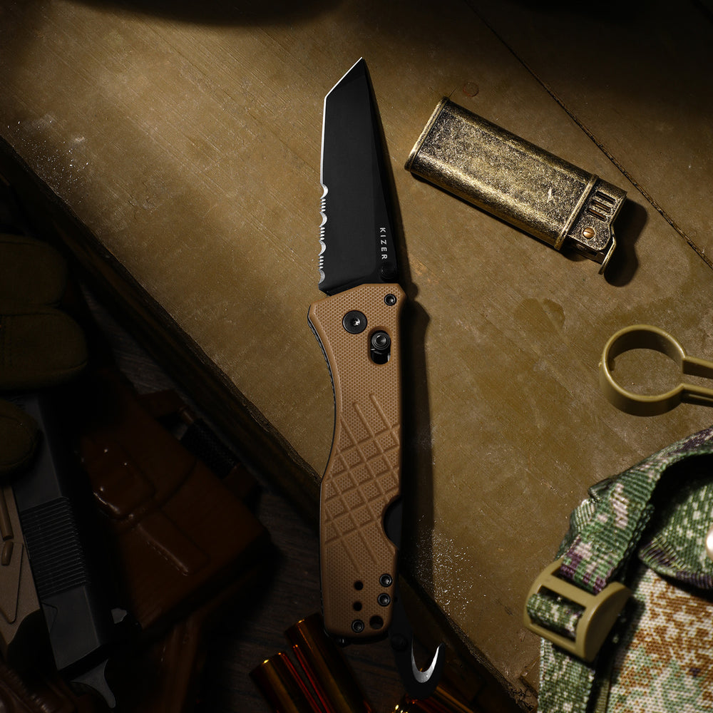 KIZER CUTLERY Aegis T | Serrated AEB-L Blade | G10 | Rescue Hook & Glass Breaker