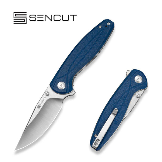 SENCUT Vyrce Flipper & Thumb Stud Knife Blue Shredded G10 Handle (3.49" Satin Finished D2 Blade) S25104-2