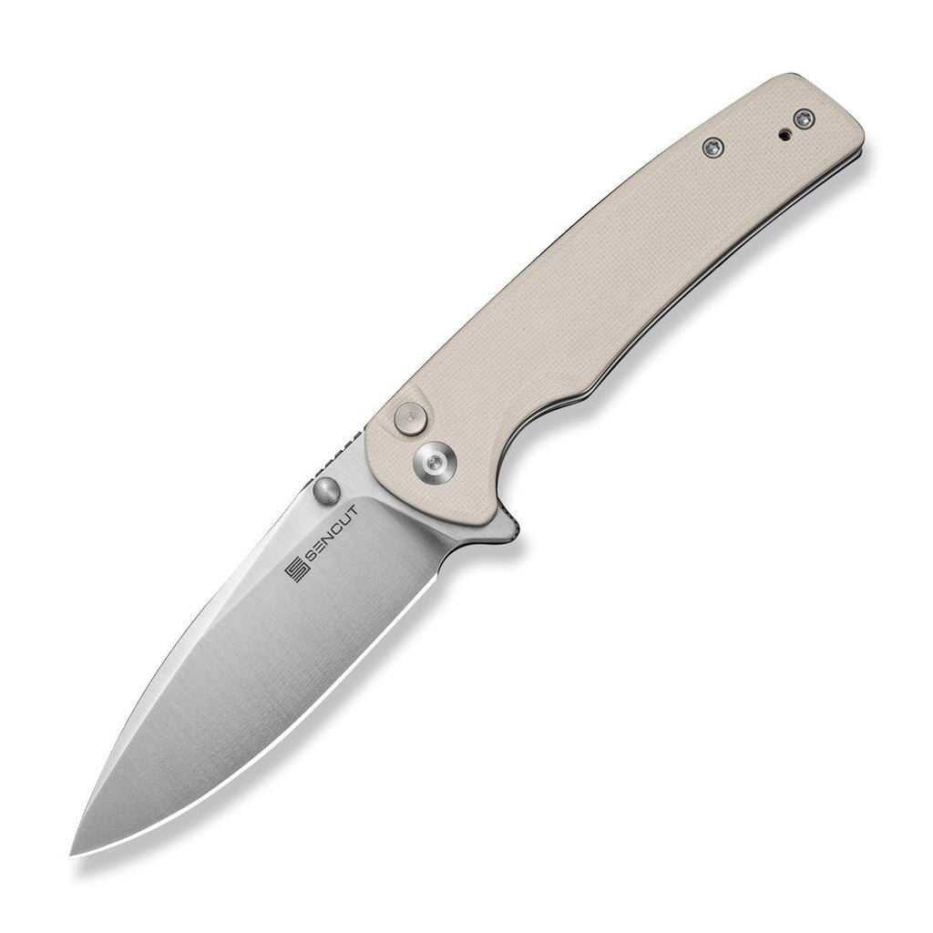 SENCUT Sachse Flipper & Button Lock & Thumb Stud Knife Ivory G10 Handle (3.47" Satin Finished 9Cr18MoV Blade) S21007-7