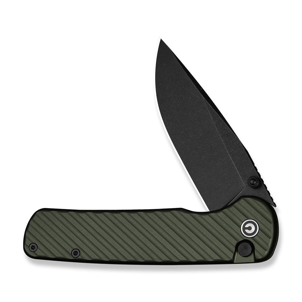 CIVIVI Iron Tide Flipper & Thumb Stud & Button Lock Knife Forest Green Aluminum Handle (3.24" Black Stonewashed 14C28N Blade) C25011-2