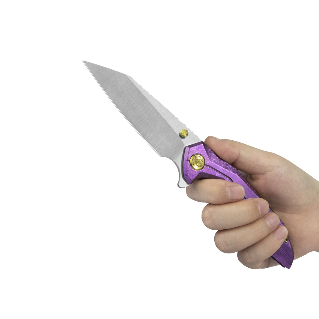 KB Nova Reverse Tanto Frame Locking Folding Knife Purple Crystallized Titanium Handle 3.66" Belt Satin M390 Blade KB495F