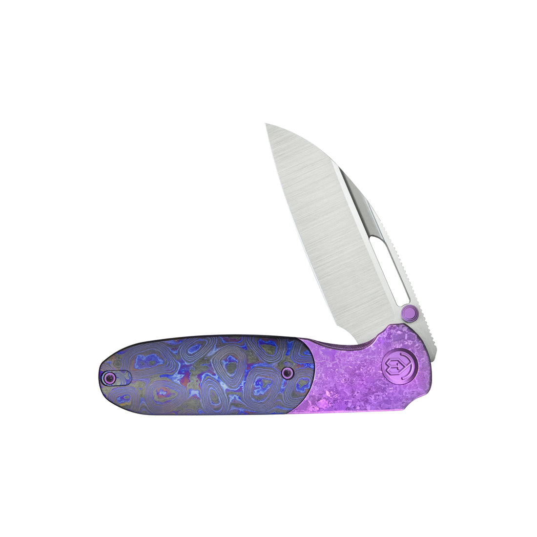 KB Icicle Pocket Folding Knife Frame Lock Purple Crystallized Titanium with Zircuti Inlays 3.50" Belt Satin Elmax Blade KB432D