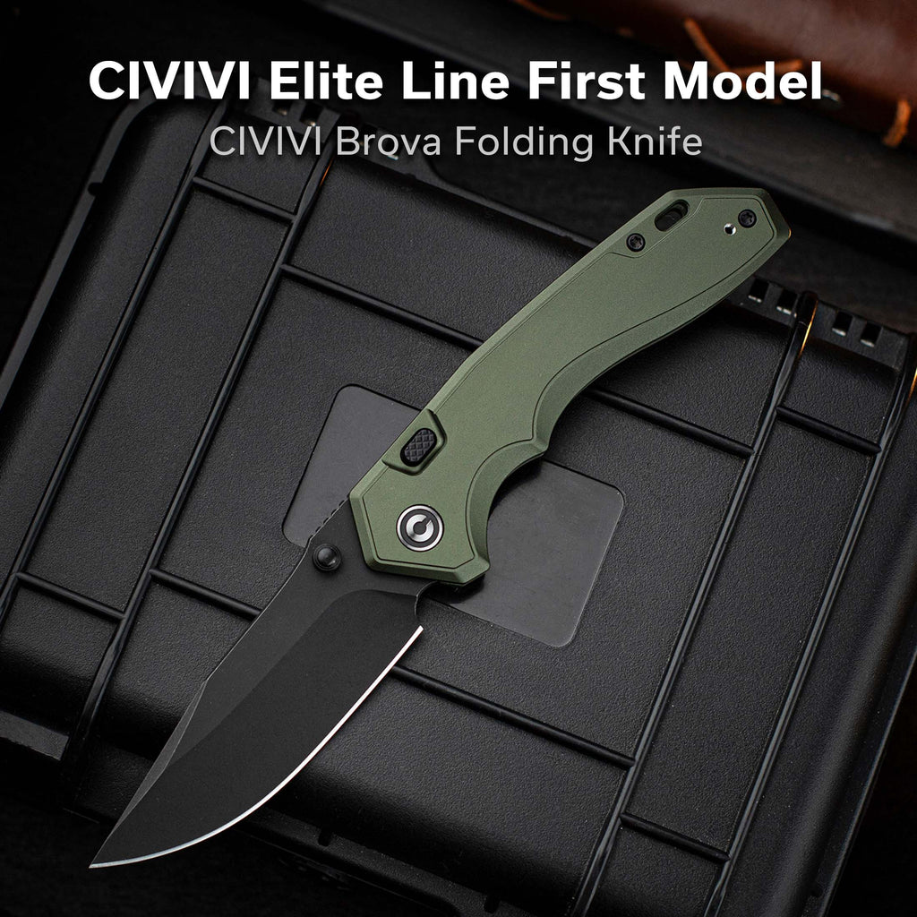 CIVIVI ELITE Brova Thumb Stud & Top Liner Lock Knife Forest Green Aluminum Handle (3.41" Black Stonewashed CPM S35VN Blade) CE25093-3