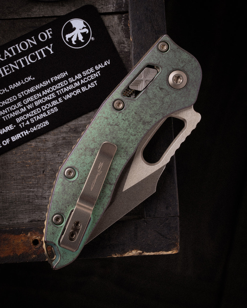 Microtech Gear Stitch RAM-LOK™ Marfione Select Bronzed Stonewash Finish Antique Green Anodized Slab Titanium W/Bronze Titanium Accent Double Vapor Blast Stainless (169RL-13MS1)