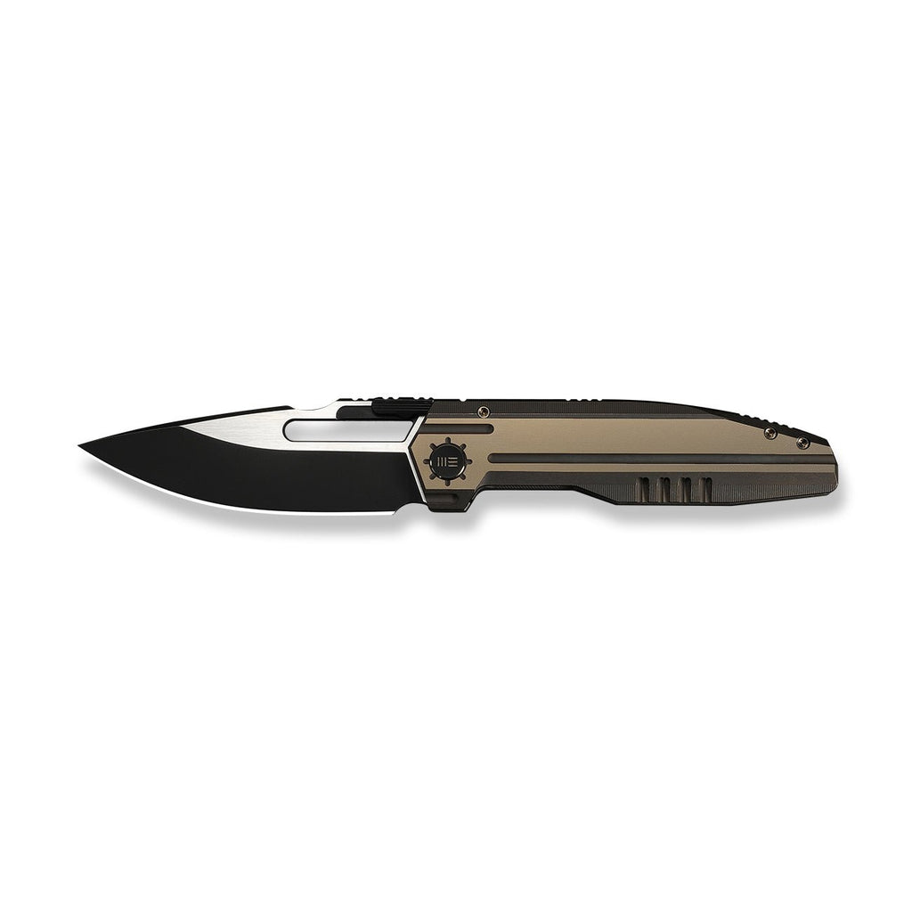 WEKNIFE Reveille Thumb Hole & Thumb Stud Knife Bronze Titanium Handle (3.83" Black Stonewashed Bohler M390 Blade, Satin Flat) WE23057-1