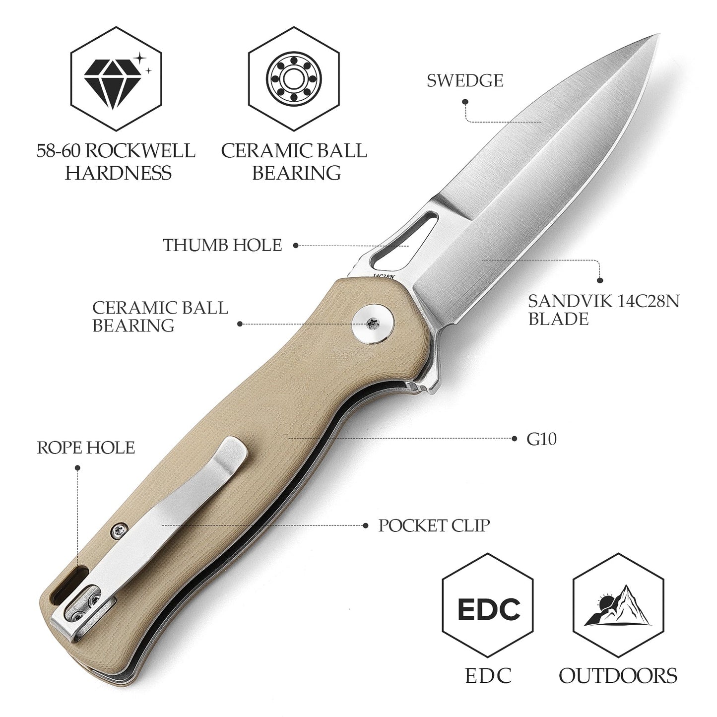 TRIVISA Crateris-03D Button Lock Folding Pocket Knife,3.38" 14C28N Steel,G10 Handle