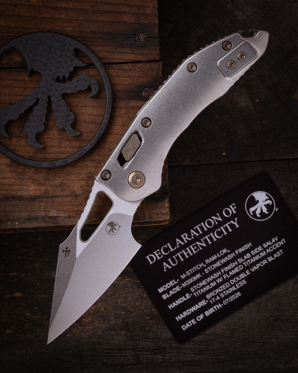 Microtech Gear M-Stitch® RAM-LOK® MARFIONE SELECT STONEWASH FINISH SLAB SIDE TITANIUM WITH FLAMED TITANIUM ACCENT BRONZED DOUBLE VAPOR BLAST STAINLESS (169MRL-10MS4)