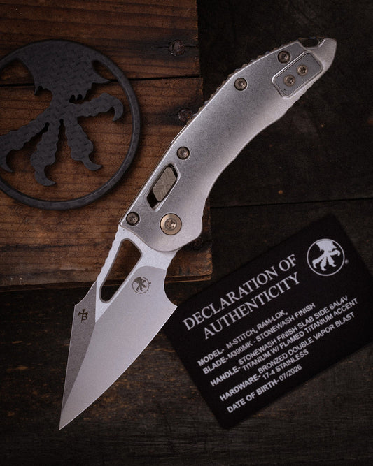 Microtech Gear M-Stitch® RAM-LOK® MARFIONE SELECT STONEWASH FINISH SLAB SIDE TITANIUM WITH FLAMED TITANIUM ACCENT BRONZED DOUBLE VAPOR BLAST STAINLESS (169MRL-10MS4)