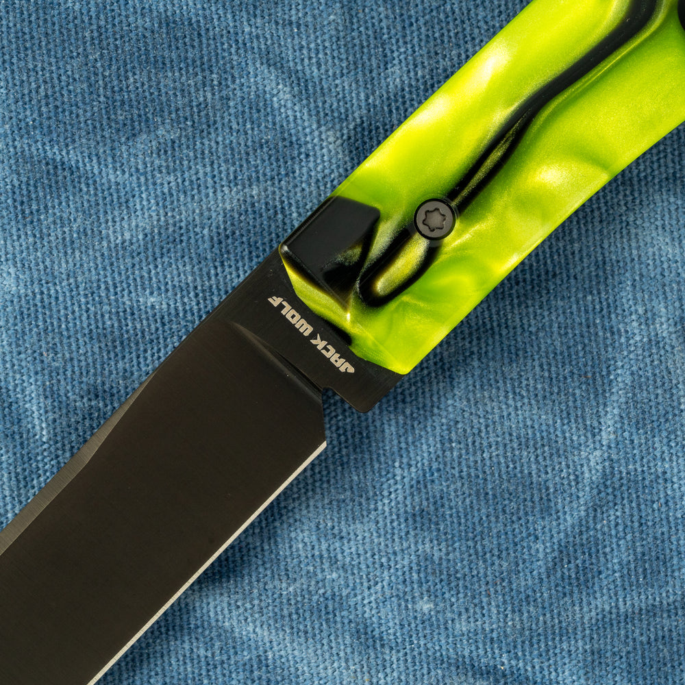 JACK WOLF KNIVES PIONEER FIXEDC - KIRINITE TOXIC GREEN BELT SATIN DLC