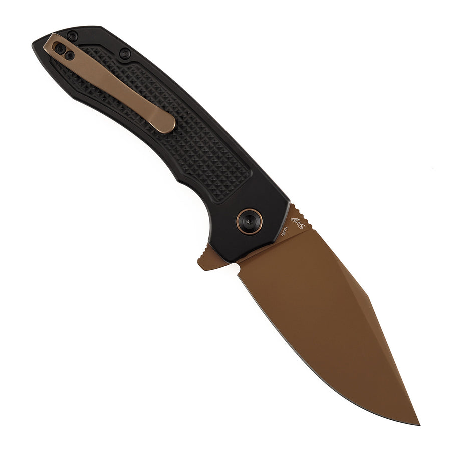 TENABLE KNIVES Entity Button Lock Folding Knife - 3.52'' Rose Gold 14C28N Blade| Black Aluminum Handle| Nalu Knives - B1036F1
