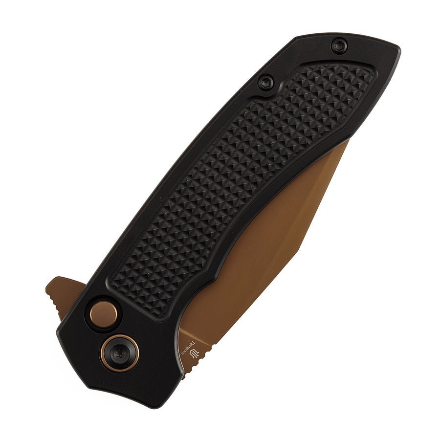 TENABLE KNIVES Entity Button Lock Folding Knife - 3.52'' Rose Gold 14C28N Blade| Black Aluminum Handle| Nalu Knives - B1036F1