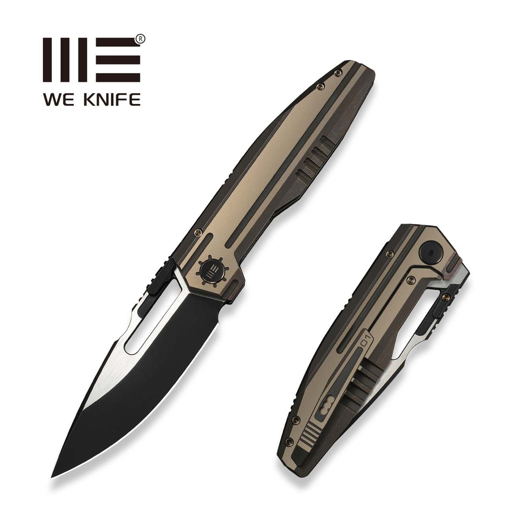 WEKNIFE Reveille Thumb Hole & Thumb Stud Knife Bronze Titanium Handle (3.83" Black Stonewashed Bohler M390 Blade, Satin Flat) WE23057-1