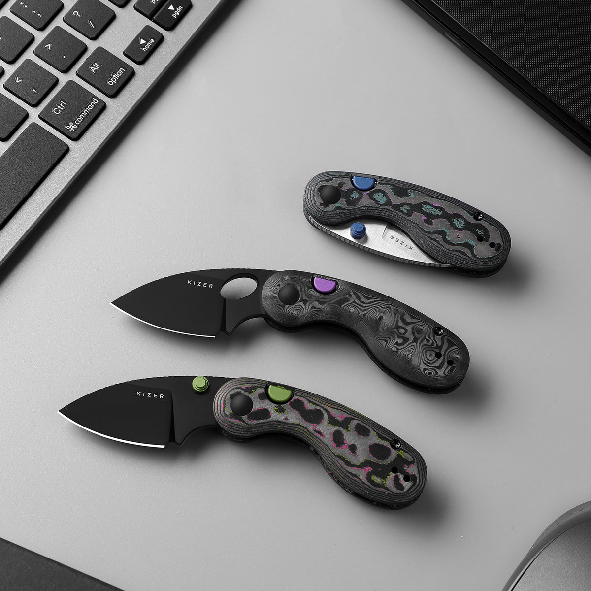 KIZER CUTLERY Microbe™ | 5Th Pocket Knife | Kizer Button Liner Lock™ | Camo Carbon Jazzy Handle | KizerB™ 2742A4