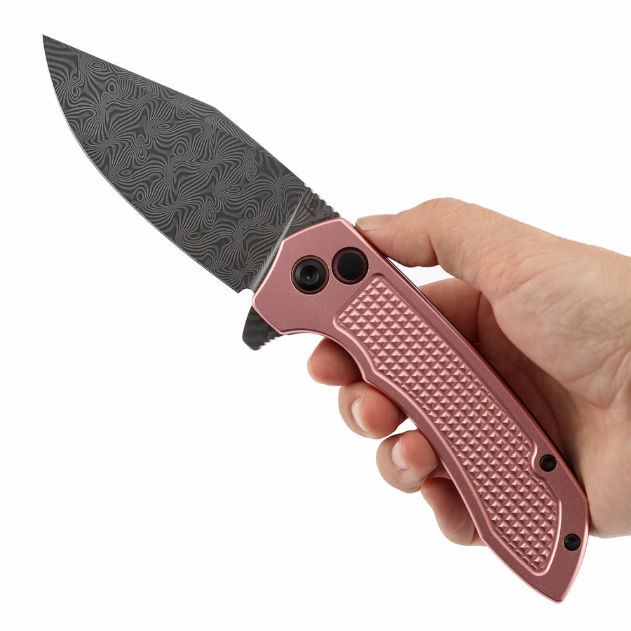TENABLE KNIVES Entity Button Lock Flipper Knife - 3.52'' Water Ripple Damascus Blade| Rose Gold Aluminum Handle| Nalu Knives - B1036F4