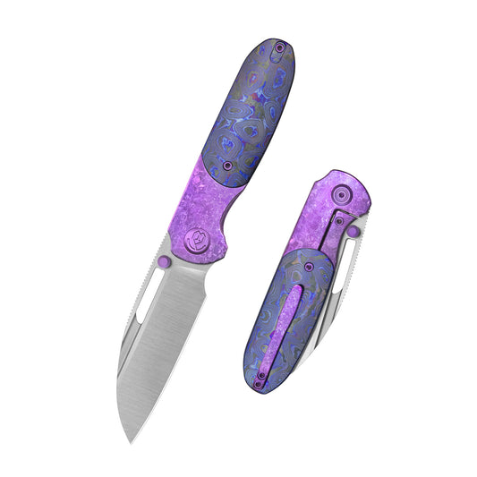 KB Icicle Pocket Folding Knife Frame Lock Purple Crystallized Titanium with Zircuti Inlays 3.50" Belt Satin Elmax Blade KB432D