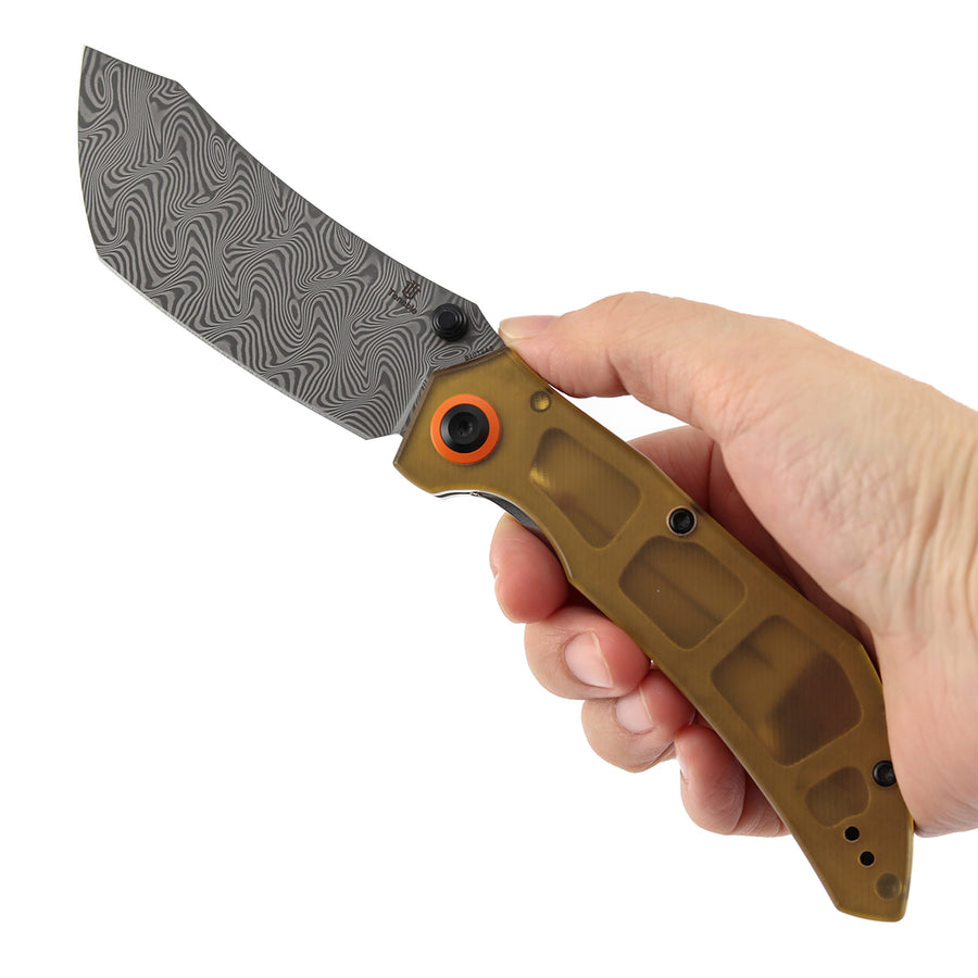 Tenable Tipper Folding Knife | 3.39'' Water Ripple Damascus Blade | Amber PEI Handle | Edgy Bladeworks Design | B1079A5