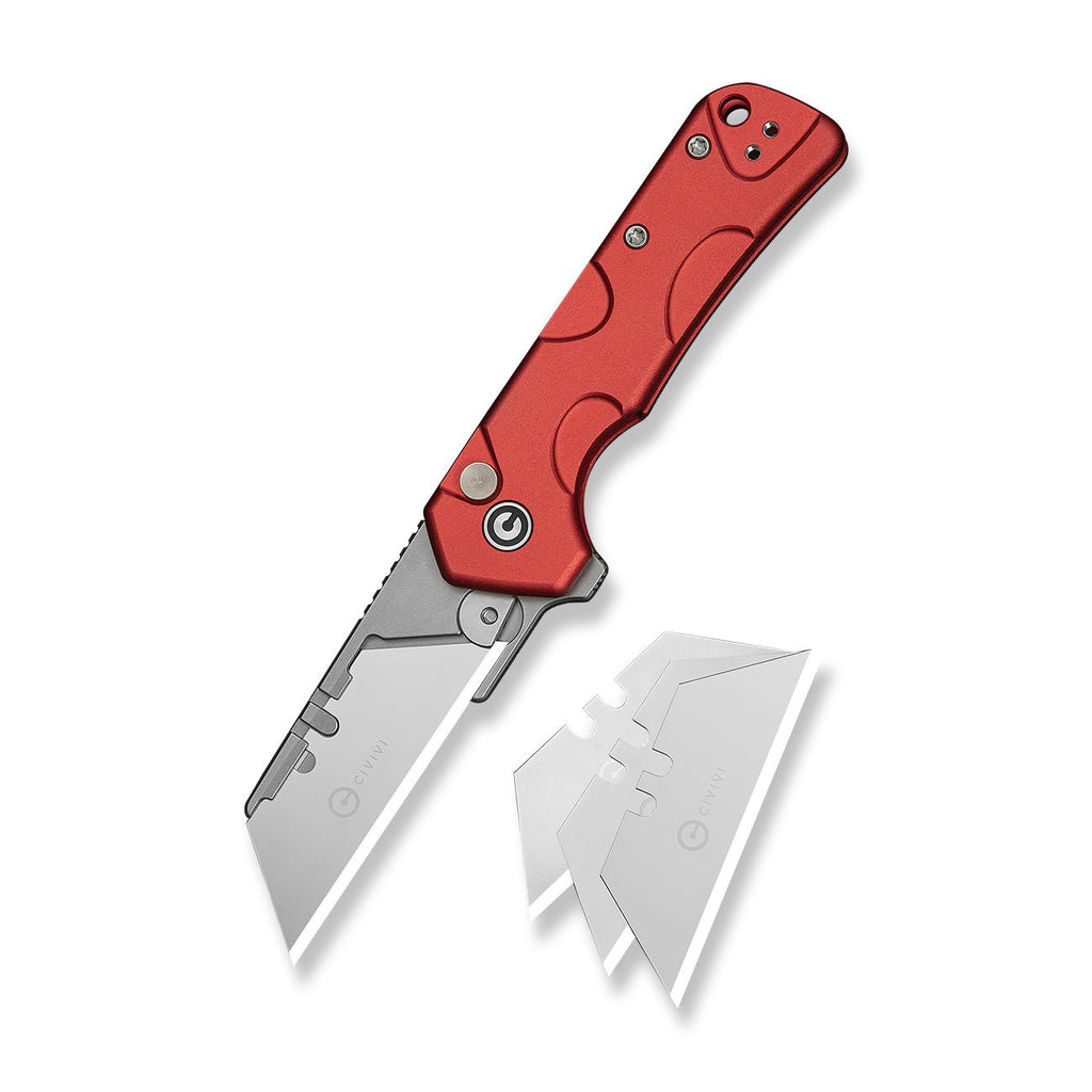 CIVIVI Pulsara Utility Flipper & Button Lock Knife Red Aluminum Handle (2.44" Stonewashed S/S Blade Holder & Plain 6Cr13 Blade) C24041F-2