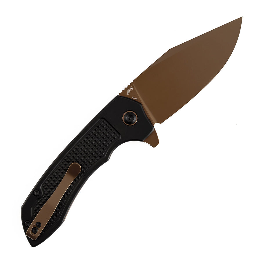 TENABLE KNIVES Entity Button Lock Folding Knife - 3.52'' Rose Gold 14C28N Blade| Black Aluminum Handle| Nalu Knives - B1036F1