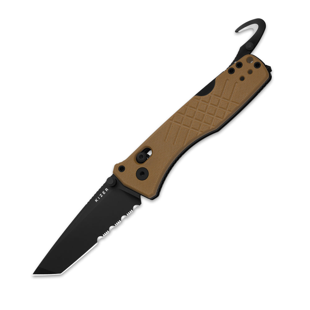 KIZER CUTLERY Aegis T | Serrated AEB-L Blade | G10 | Rescue Hook & Glass Breaker
