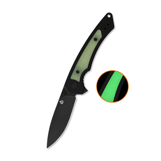 QSP Peregrine Liner Lock Pocket Knife 10Cr15MoV blade Black G10 with Glow-in-the-Dark G10 inlay handle