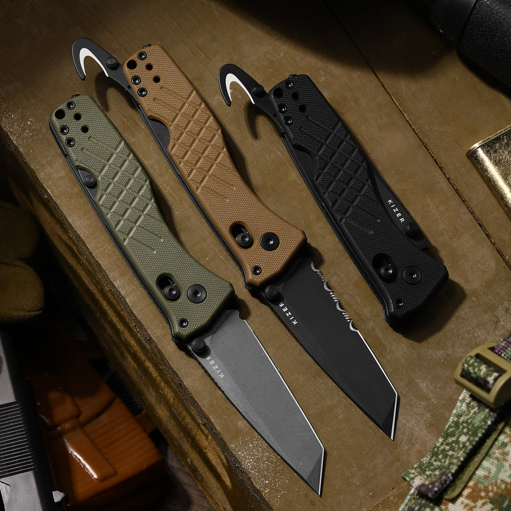 KIZER CUTLERY Aegis T | Serrated AEB-L Blade | G10 | Rescue Hook & Glass Breaker
