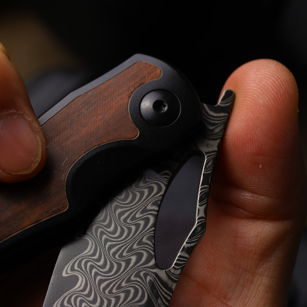 KIZER CUTLERY Allure | Acid Washed Damascus | Titanium & Panama Rosewood