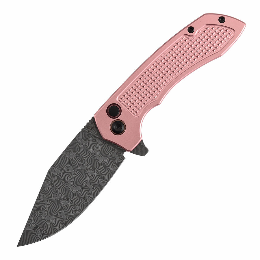 TENABLE KNIVES Entity Button Lock Flipper Knife - 3.52'' Water Ripple Damascus Blade| Rose Gold Aluminum Handle| Nalu Knives - B1036F4