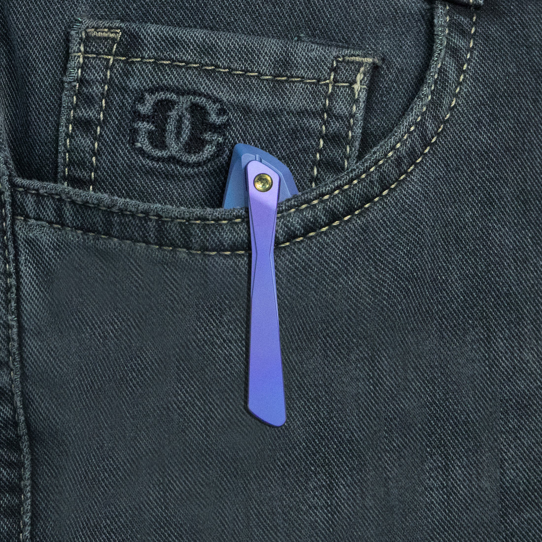 KB Nova Reverse Tanto Frame Locking Folding Knife Blurple Titanium Handle 3.66" Belt Satin M390 Blade KB495C