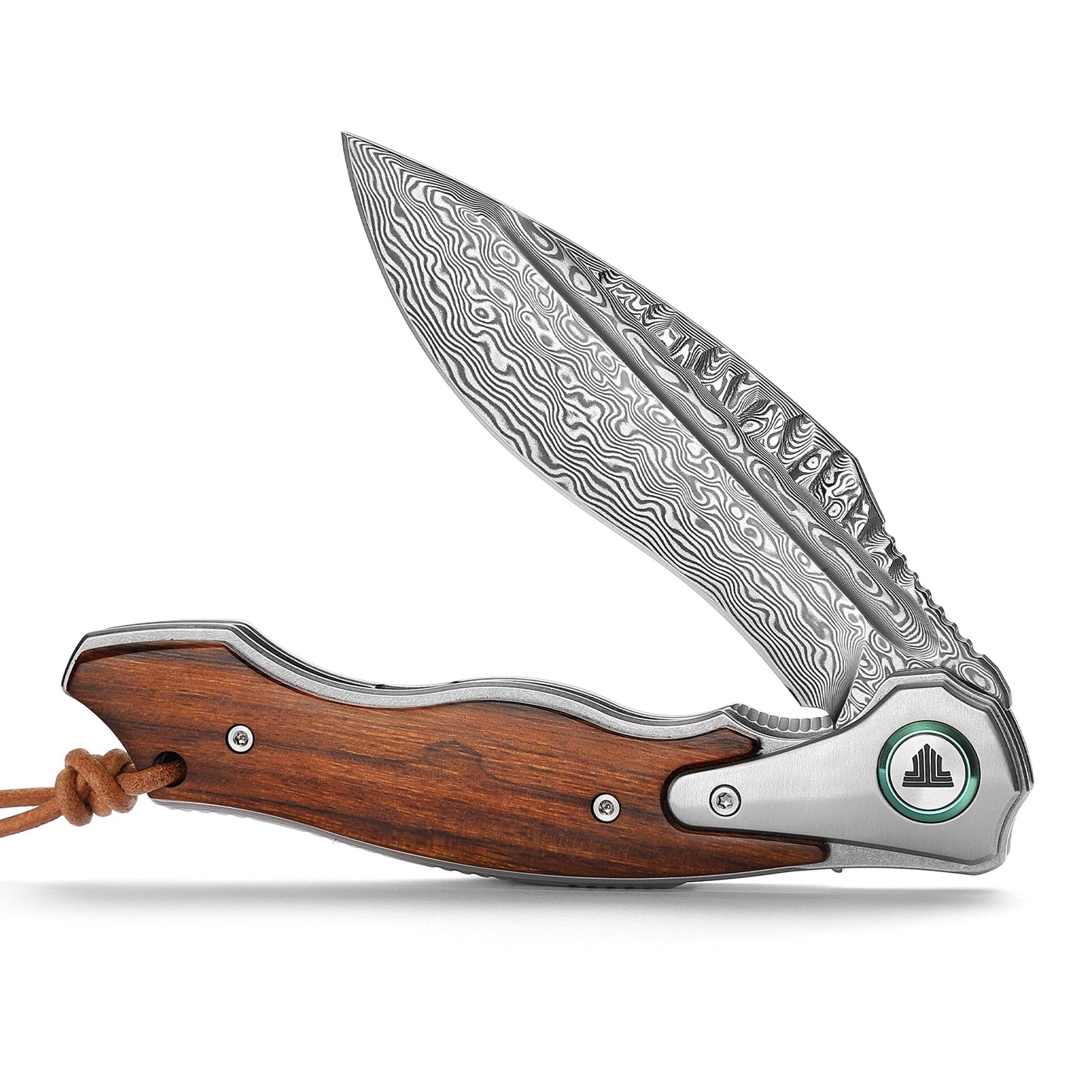 TRIVISA Lepus-01 Liner Lock，4.09'' 110 Layesrs Damascus Steel Blade，Titanium Bolster & Ironwood Handle