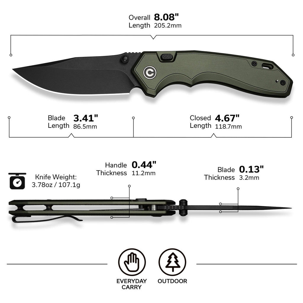 CIVIVI ELITE Brova Thumb Stud & Top Liner Lock Knife Forest Green Aluminum Handle (3.41" Black Stonewashed CPM S35VN Blade) CE25093-3