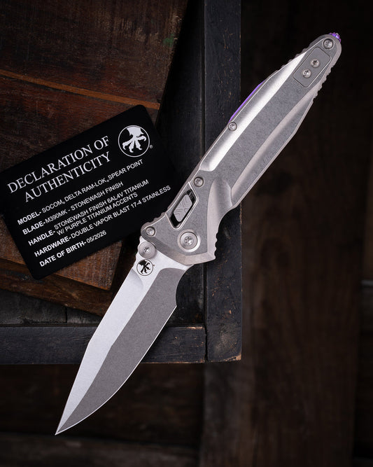 Microtech Gear SOCOM® DELTA RAM-LOK® SPEAR POINT MARFIONE SELECT STONEWASH FINISH STONEWASH FINISH TITANIUM W/ PURPLE TITANIUM ACCENTS DOUBLE VAPOR BLAST STAINLESS (159RL-10SMS4)