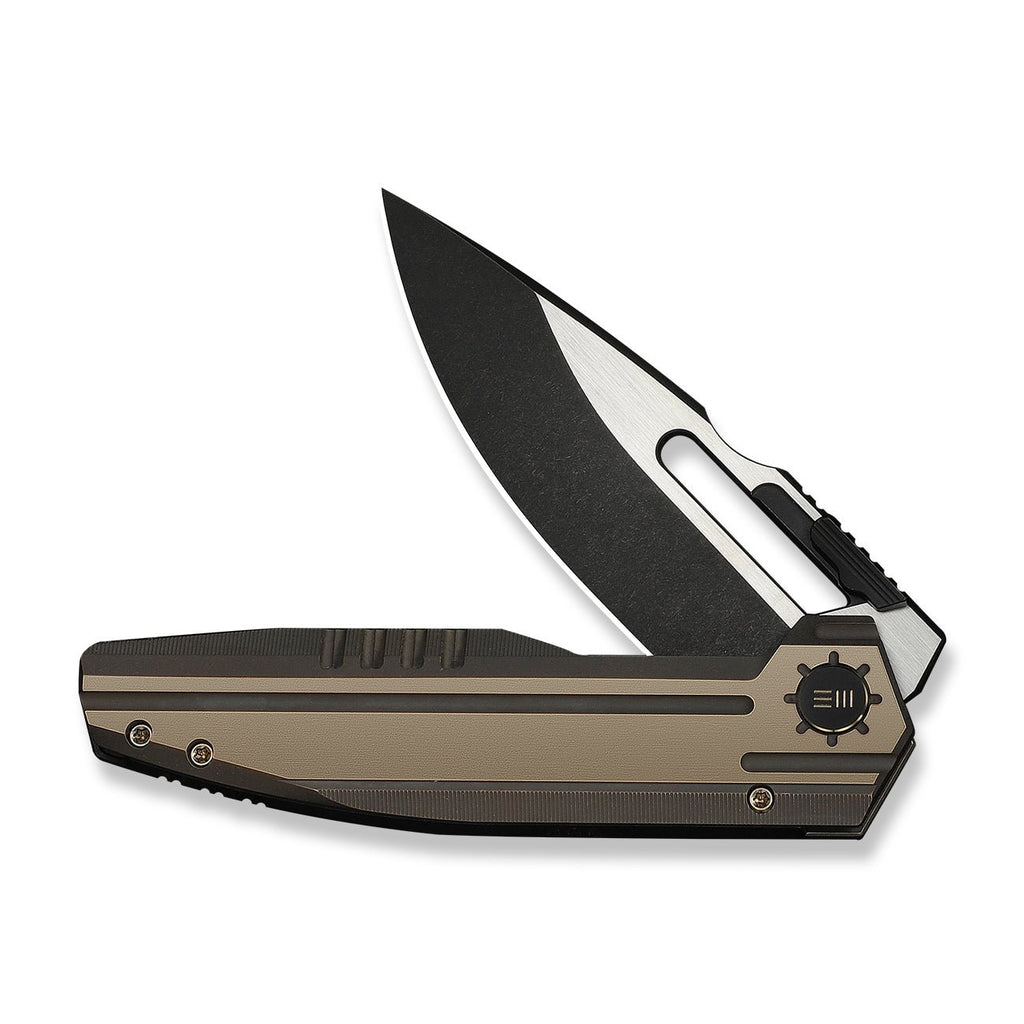 WEKNIFE Reveille Thumb Hole & Thumb Stud Knife Bronze Titanium Handle (3.83" Black Stonewashed Bohler M390 Blade, Satin Flat) WE23057-1