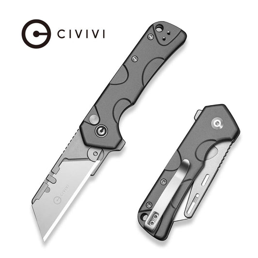 CIVIVI Pulsara Utility Flipper & Button Lock Knife Gray Aluminum Handle (2.44" Stonewashed S/S Blade Holder & Plain 6Cr13 Blade) C24041F-4