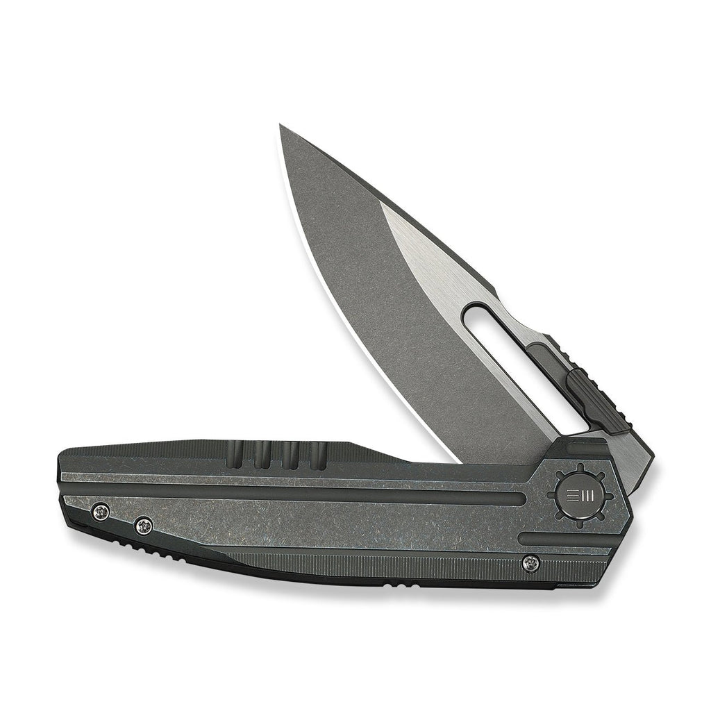WEKNIFE Reveille Thumb Hole & Thumb Stud Knife Olive Gray Titanium Handle (3.83" Gray Stonewashed Bohler M390 Blade, Satin Flat) WE23057-2