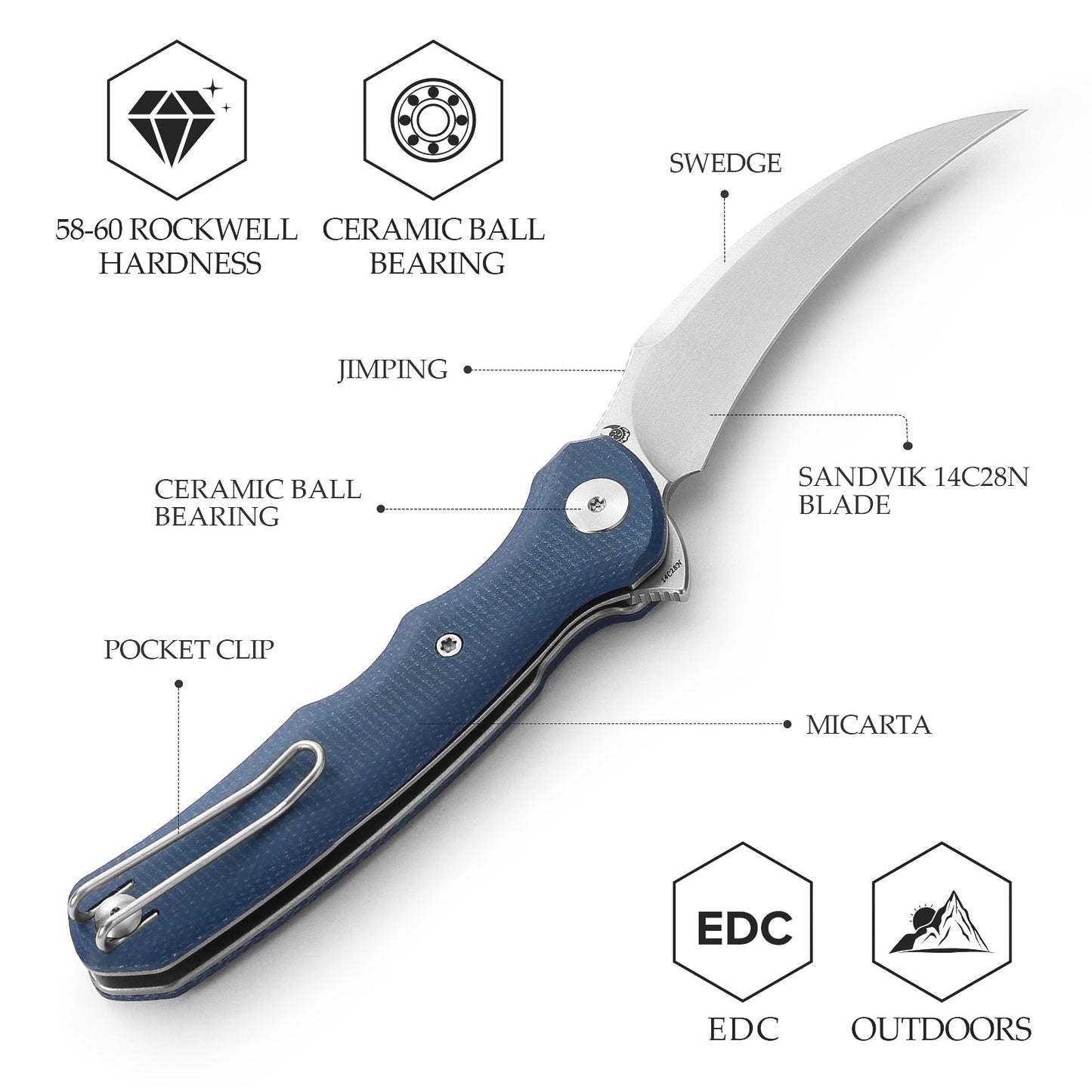 TRIVISA Lacerta-04L Liner Lock EDC Folding Pocket Knife 3.34'' 14C28N Steel Blade,Blue Micarta Handle,Tiguass Design