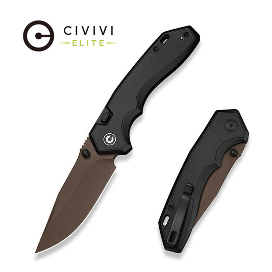 CIVIVI ELITE Brova Thumb Stud & Top Liner Lock Knife Black Aluminum Handle (3.41" Dark Brown Stonewashed CPM S35VN Blade) CE25093-2